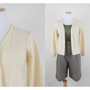 Vintage Cropped Cream Cardigan | 80's acrylic-wool cable knit sweater‎